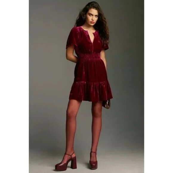 Anthropologie Dresses & Skirts - NWT Anthropologie The Somerset Mini Dress Velvet Size XXS Wine Bordeaux
